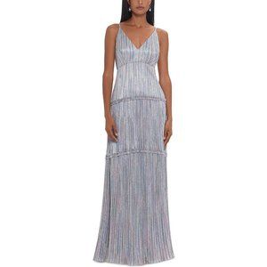 XSCAPE Womens Silver Zippered Ruffled Tiered Lined Spaghetti Strap V Neck Full-L